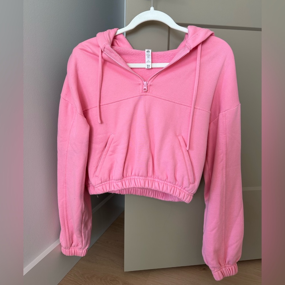ALO Yoga Bright Pink Half-Zip Cropped Hoodie Sweater